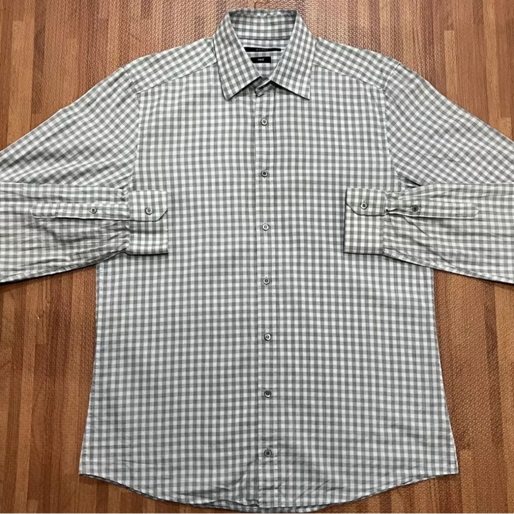 Gucci Mens size 44/17.5 Fitted Gray White Plaid Long Sleeve Button Shirt (ITALY)